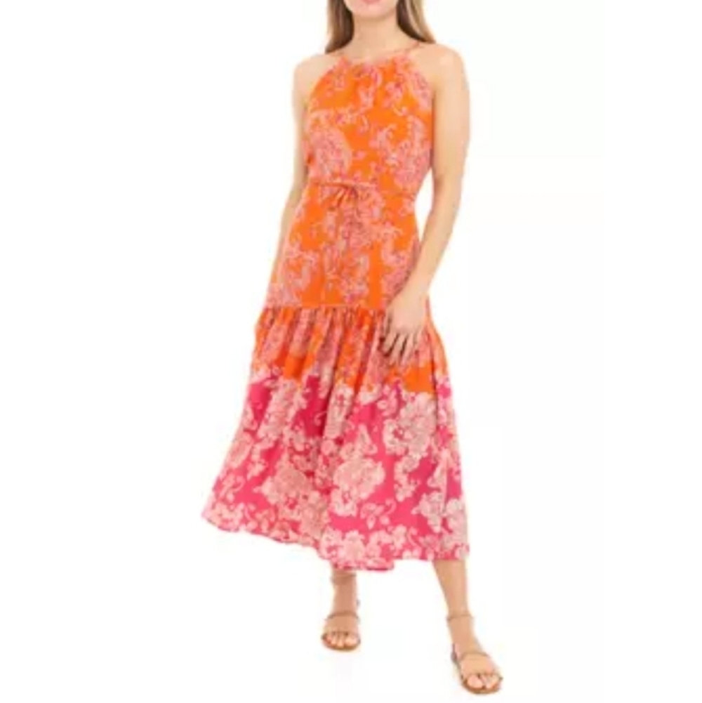 Maison TaraFloral Orange and Pink Maxi Dress Size 18w Maxi Ocean Tiered Beach